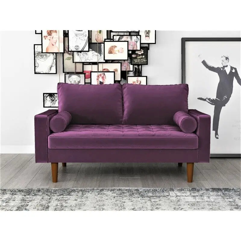 Causeuse capitonnée en velours mi-siècle avec pieds en bois – 2 places – Aubergine / Cyan / Doré / Noir / Gris / Bleu espace / Bleu de Prusse