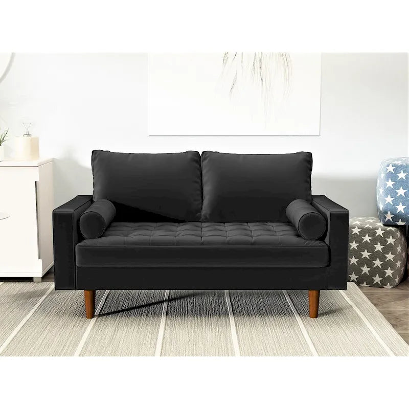 Causeuse capitonnée en velours mi-siècle avec pieds en bois – 2 places – Aubergine / Cyan / Doré / Noir / Gris / Bleu espace / Bleu de Prusse