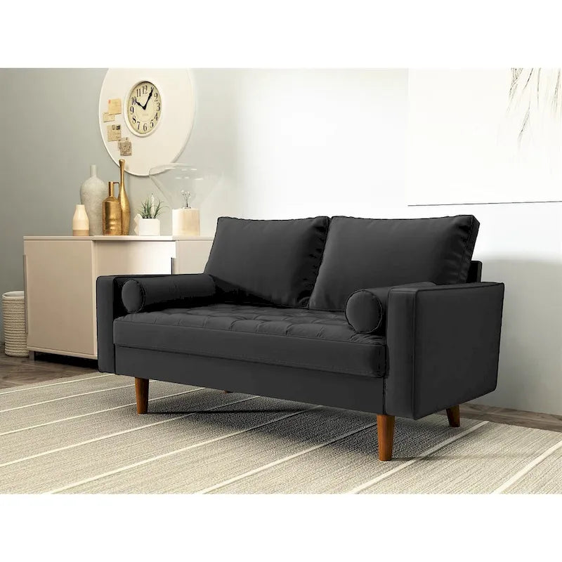 Causeuse capitonnée en velours mi-siècle avec pieds en bois – 2 places – Aubergine / Cyan / Doré / Noir / Gris / Bleu espace / Bleu de Prusse