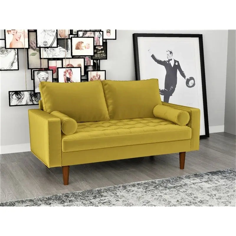 Causeuse capitonnée en velours mi-siècle avec pieds en bois – 2 places – Aubergine / Cyan / Doré / Noir / Gris / Bleu espace / Bleu de Prusse