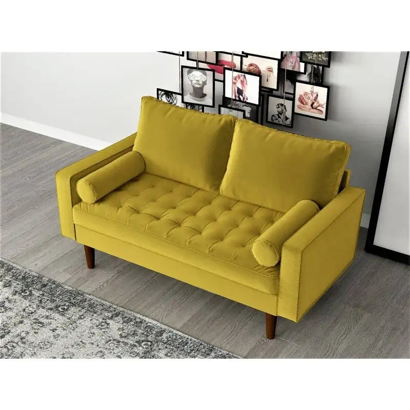 Causeuse capitonnée en velours mi-siècle avec pieds en bois – 2 places – Aubergine / Cyan / Doré / Noir / Gris / Bleu espace / Bleu de Prusse