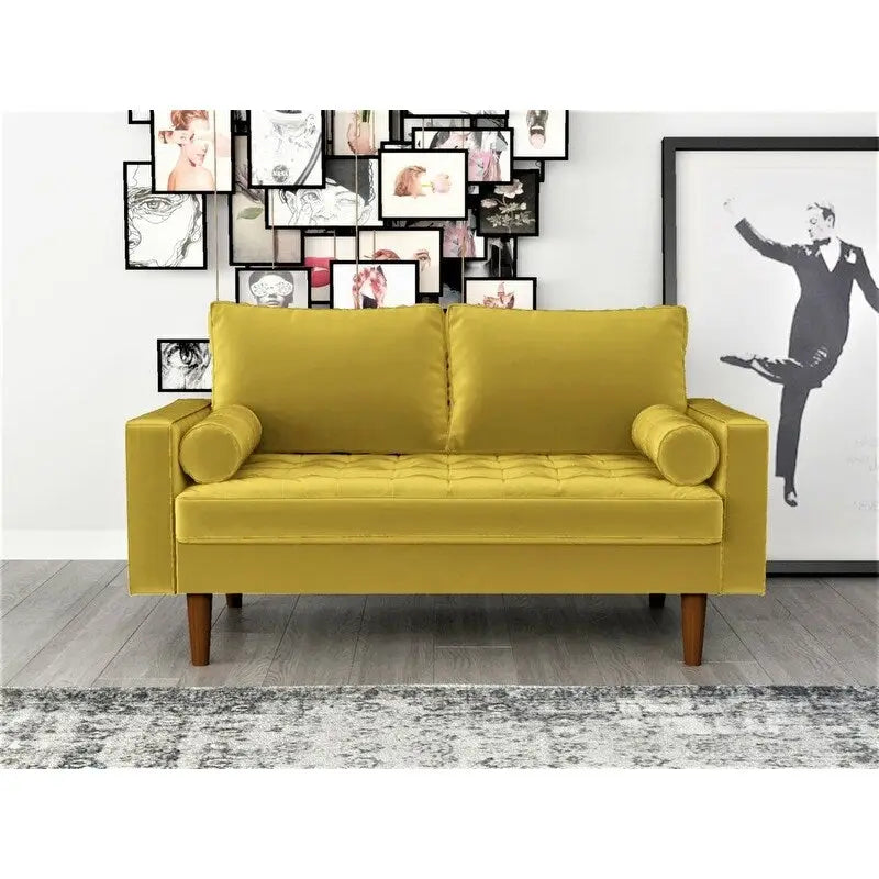 Causeuse capitonnée en velours mi-siècle avec pieds en bois – 2 places – Aubergine / Cyan / Doré / Noir / Gris / Bleu espace / Bleu de Prusse