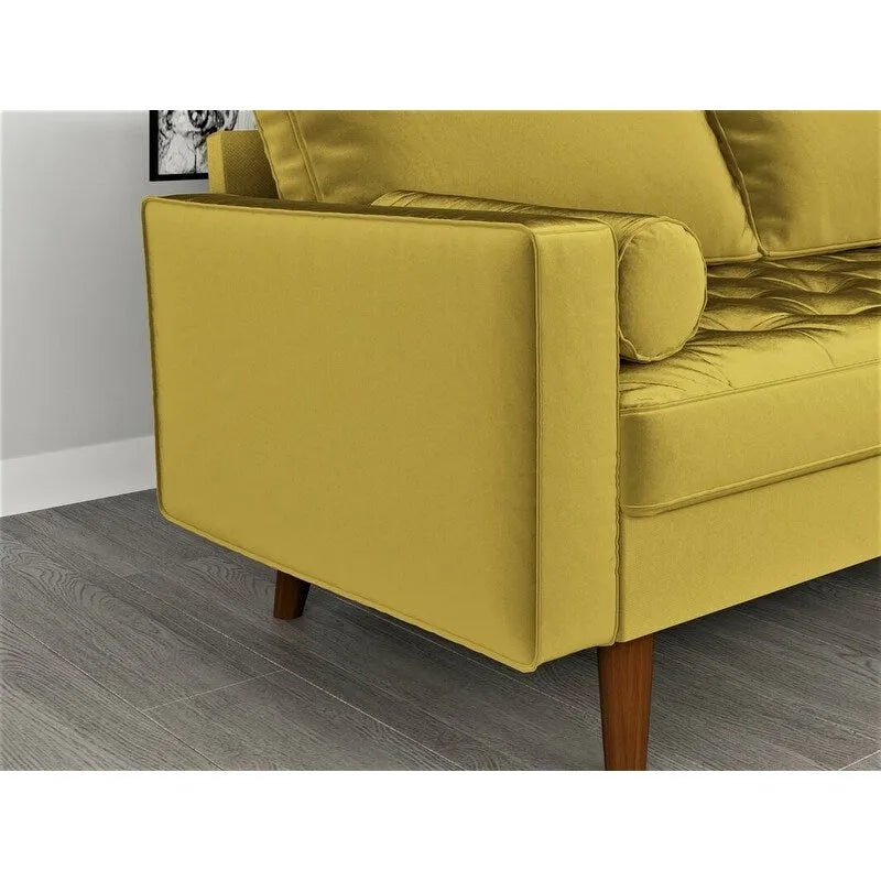 Causeuse capitonnée en velours mi-siècle avec pieds en bois – 2 places – Aubergine / Cyan / Doré / Noir / Gris / Bleu espace / Bleu de Prusse