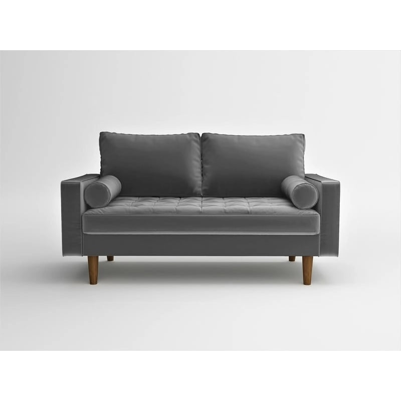 Causeuse capitonnée en velours mi-siècle avec pieds en bois – 2 places – Aubergine / Cyan / Doré / Noir / Gris / Bleu espace / Bleu de Prusse