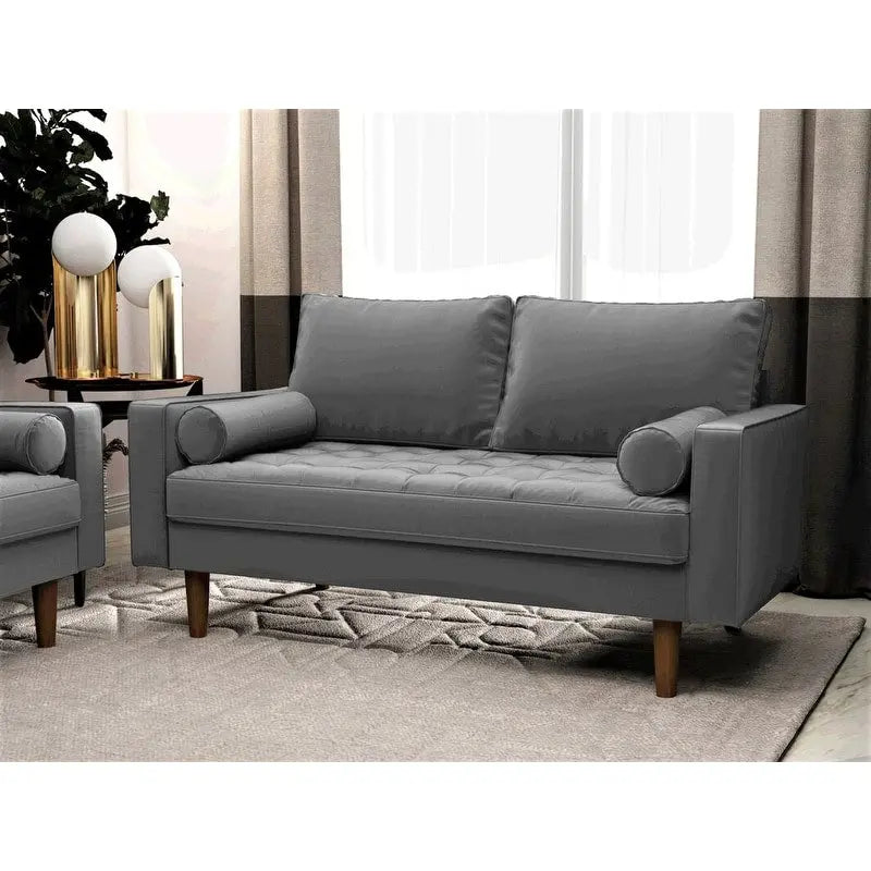 Causeuse capitonnée en velours mi-siècle avec pieds en bois – 2 places – Aubergine / Cyan / Doré / Noir / Gris / Bleu espace / Bleu de Prusse