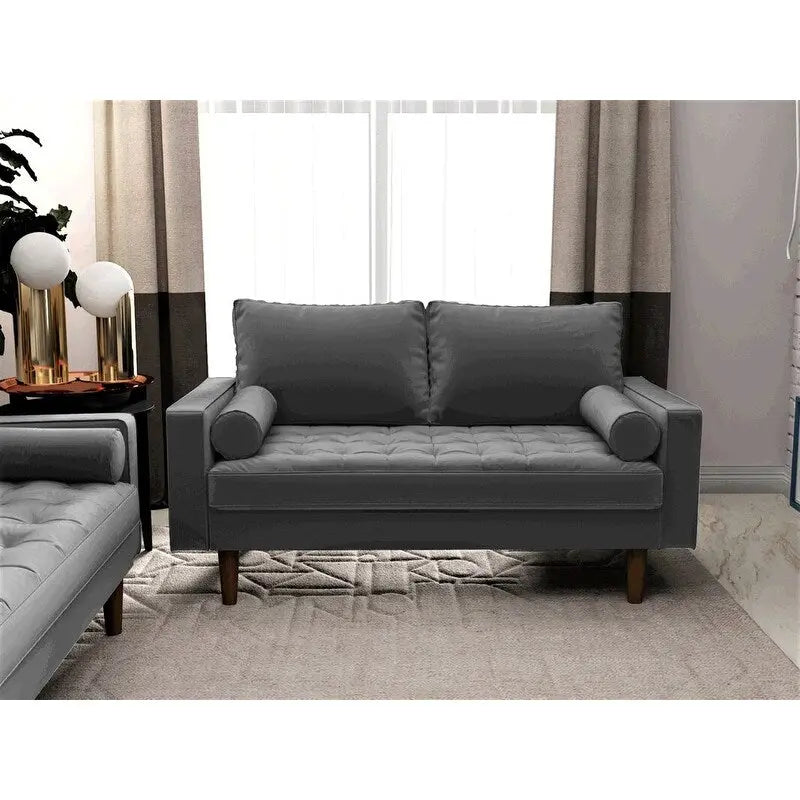 Causeuse capitonnée en velours mi-siècle avec pieds en bois – 2 places – Aubergine / Cyan / Doré / Noir / Gris / Bleu espace / Bleu de Prusse