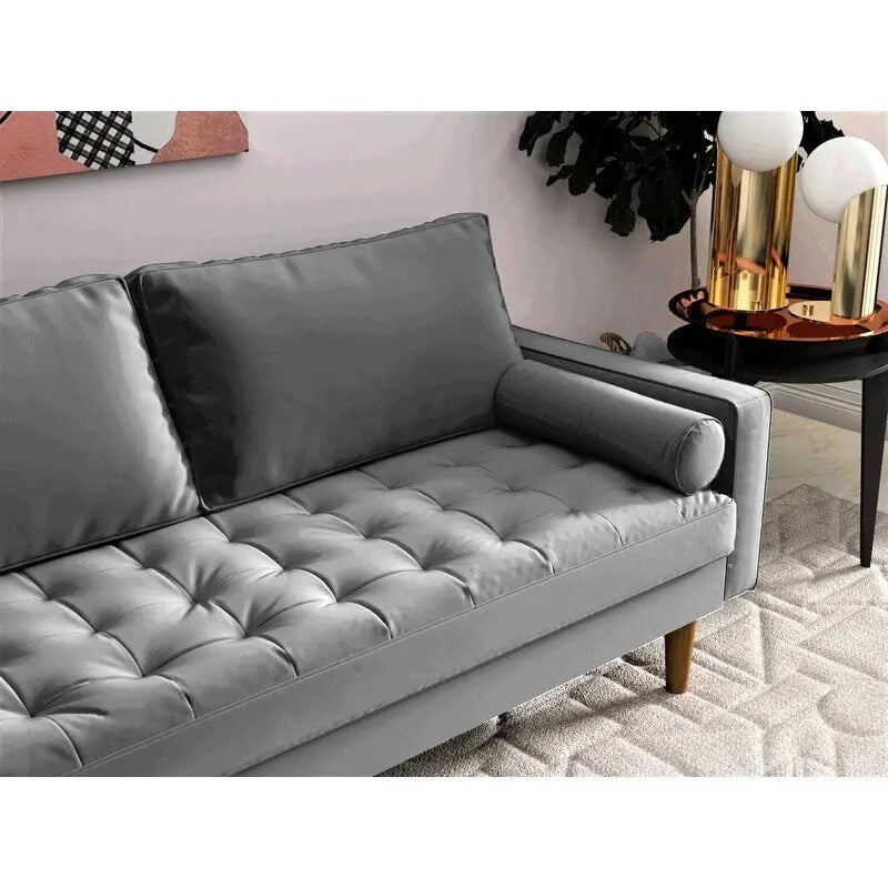 Causeuse capitonnée en velours mi-siècle avec pieds en bois – 2 places – Aubergine / Cyan / Doré / Noir / Gris / Bleu espace / Bleu de Prusse