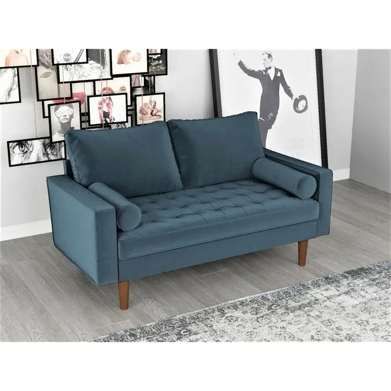 Causeuse capitonnée en velours mi-siècle avec pieds en bois – 2 places – Aubergine / Cyan / Doré / Noir / Gris / Bleu espace / Bleu de Prusse