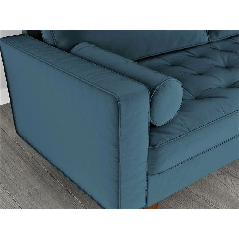 Causeuse capitonnée en velours mi-siècle avec pieds en bois – 2 places – Aubergine / Cyan / Doré / Noir / Gris / Bleu espace / Bleu de Prusse