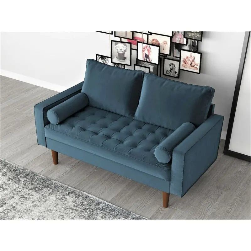 Causeuse capitonnée en velours mi-siècle avec pieds en bois – 2 places – Aubergine / Cyan / Doré / Noir / Gris / Bleu espace / Bleu de Prusse
