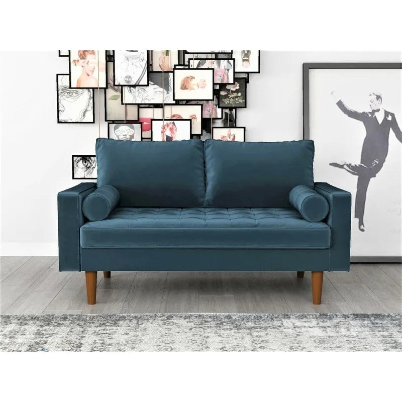 Causeuse capitonnée en velours mi-siècle avec pieds en bois – 2 places – Aubergine / Cyan / Doré / Noir / Gris / Bleu espace / Bleu de Prusse