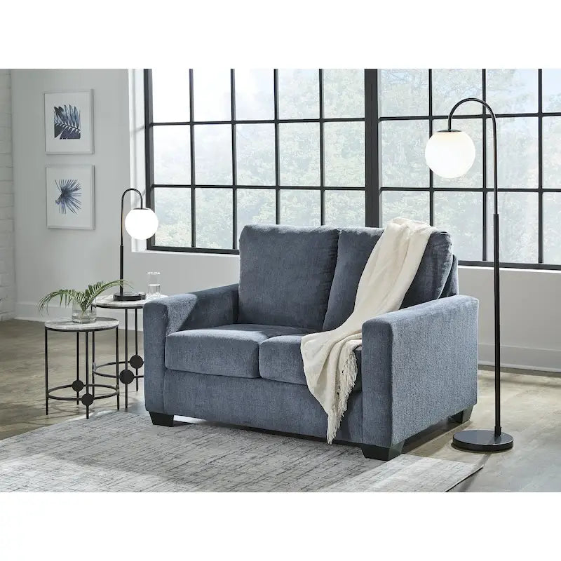 Canapé-lit double en polyester étain/bleu marine avec matelas en mousse à mémoire de forme intégré – 2 places
