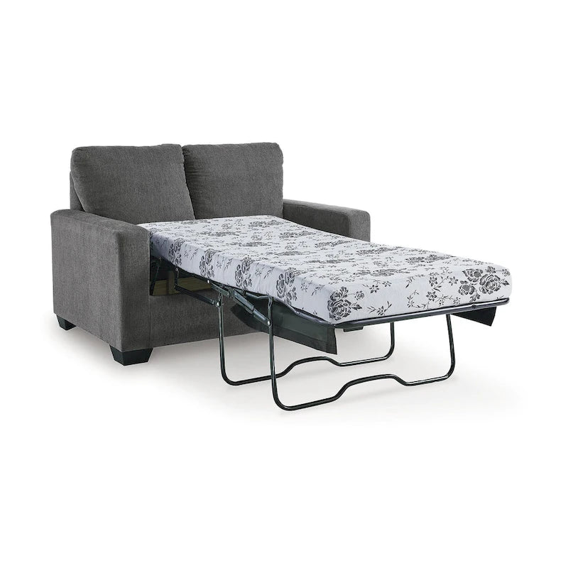 Canapé-lit double en polyester étain/bleu marine avec matelas en mousse à mémoire de forme intégré – 2 places
