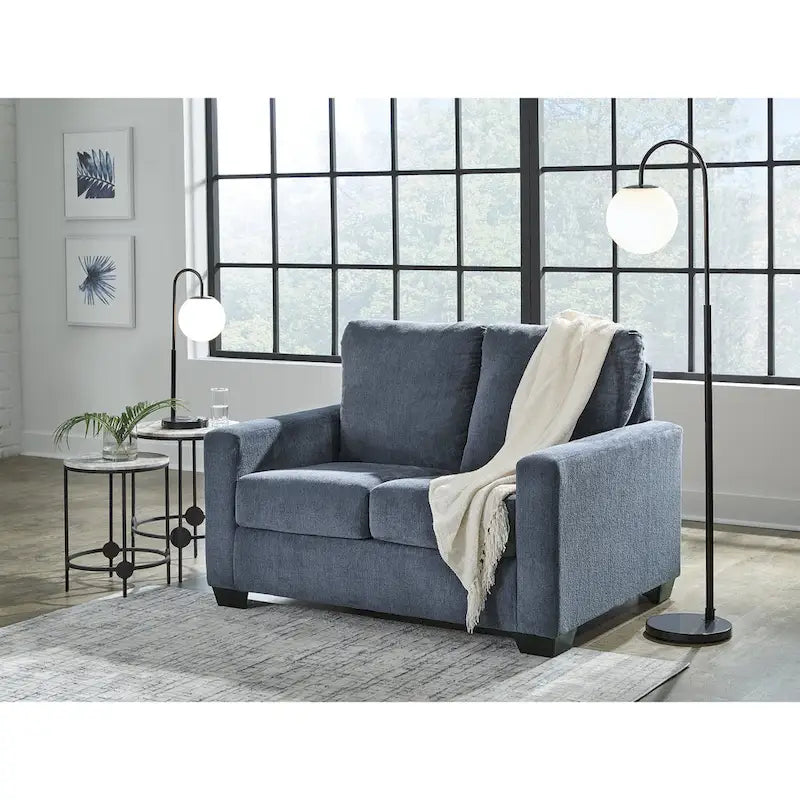 Canapé-lit double en polyester étain/bleu marine avec matelas en mousse à mémoire de forme intégré – 2 places