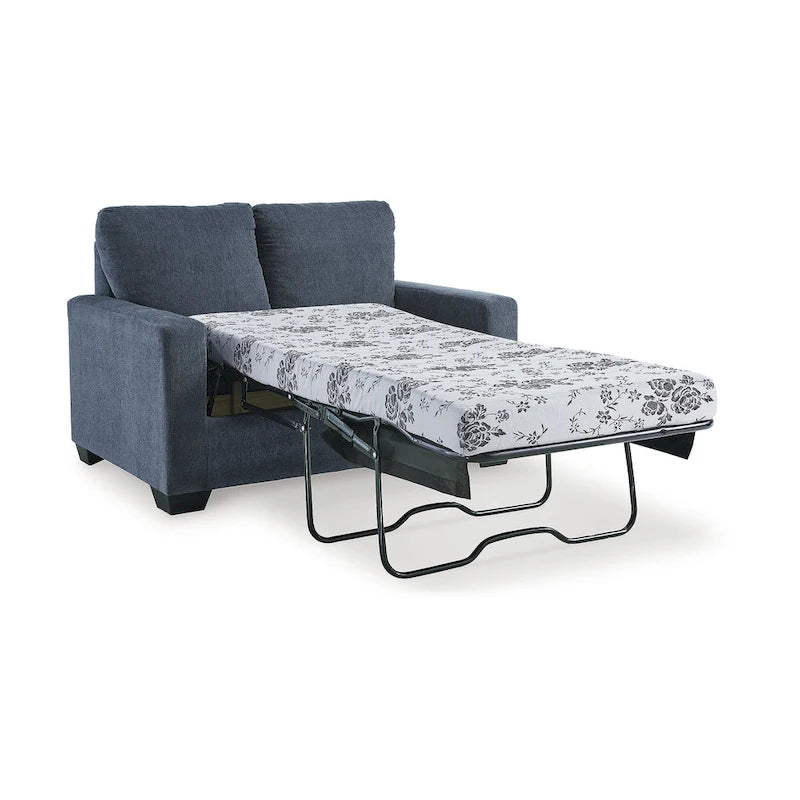 Canapé-lit double en polyester étain/bleu marine avec matelas en mousse à mémoire de forme intégré – 2 places