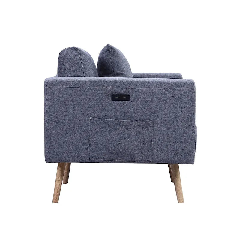 Causeuse mi-siècle en lin gris foncé/gris clair et naturel avec port USB, poche pour magazines et 2 oreillers – 2 places