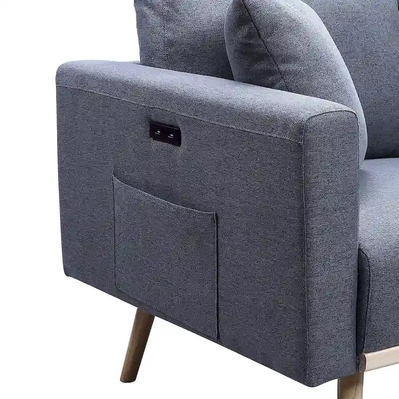 Causeuse mi-siècle en lin gris foncé/gris clair et naturel avec port USB, poche pour magazines et 2 oreillers – 2 places