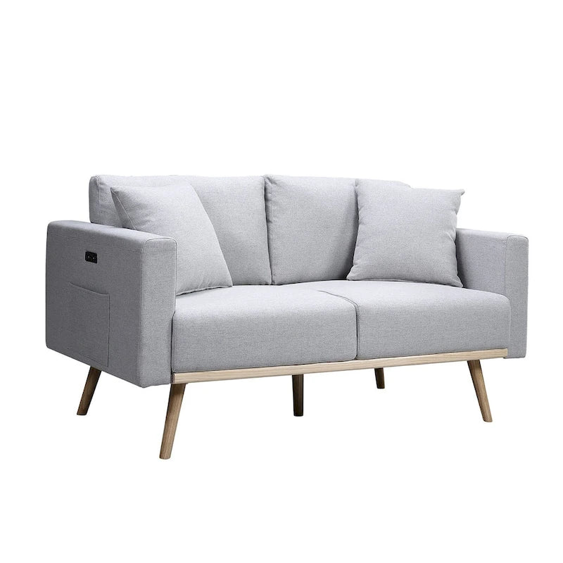 Causeuse mi-siècle en lin gris foncé/gris clair et naturel avec port USB, poche pour magazines et 2 oreillers – 2 places