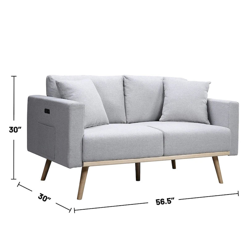 Causeuse mi-siècle en lin gris foncé/gris clair et naturel avec port USB, poche pour magazines et 2 oreillers – 2 places