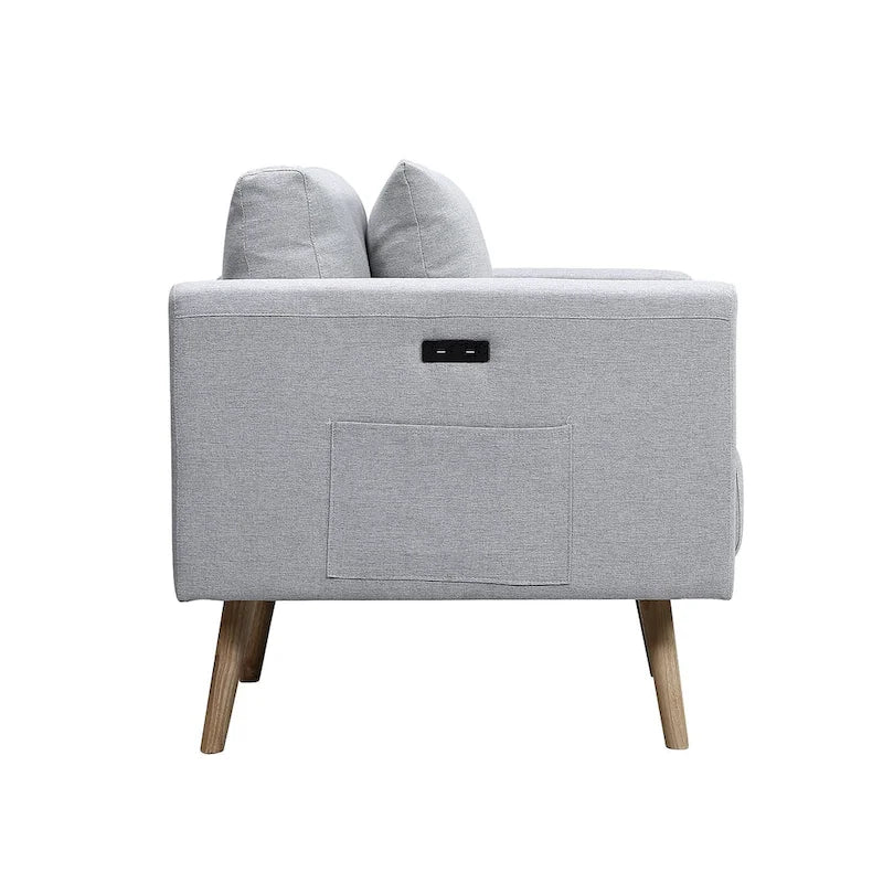 Causeuse mi-siècle en lin gris foncé/gris clair et naturel avec port USB, poche pour magazines et 2 oreillers – 2 places