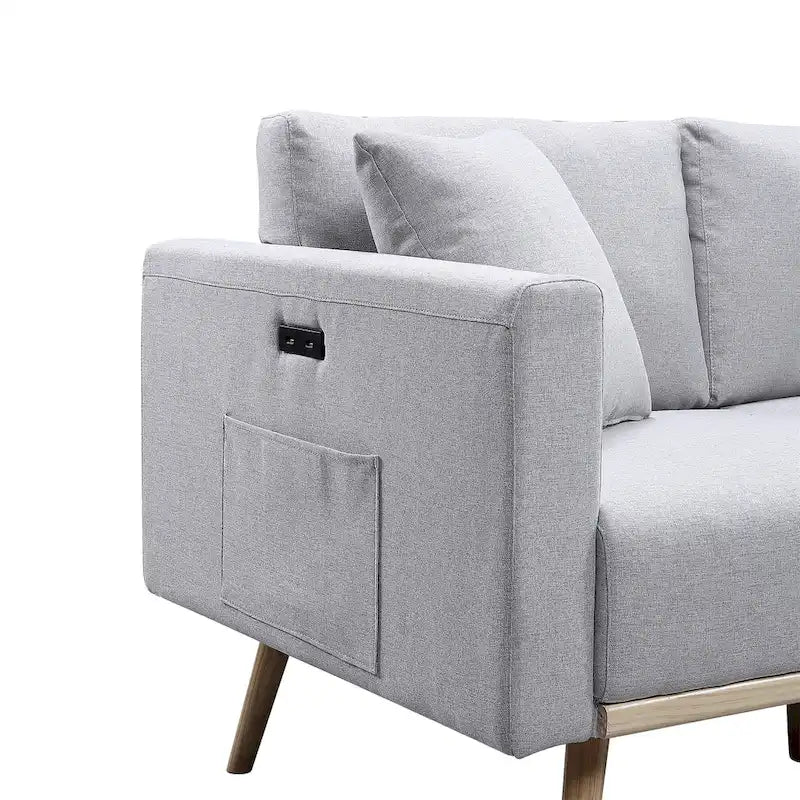 Causeuse mi-siècle en lin gris foncé/gris clair et naturel avec port USB, poche pour magazines et 2 oreillers – 2 places