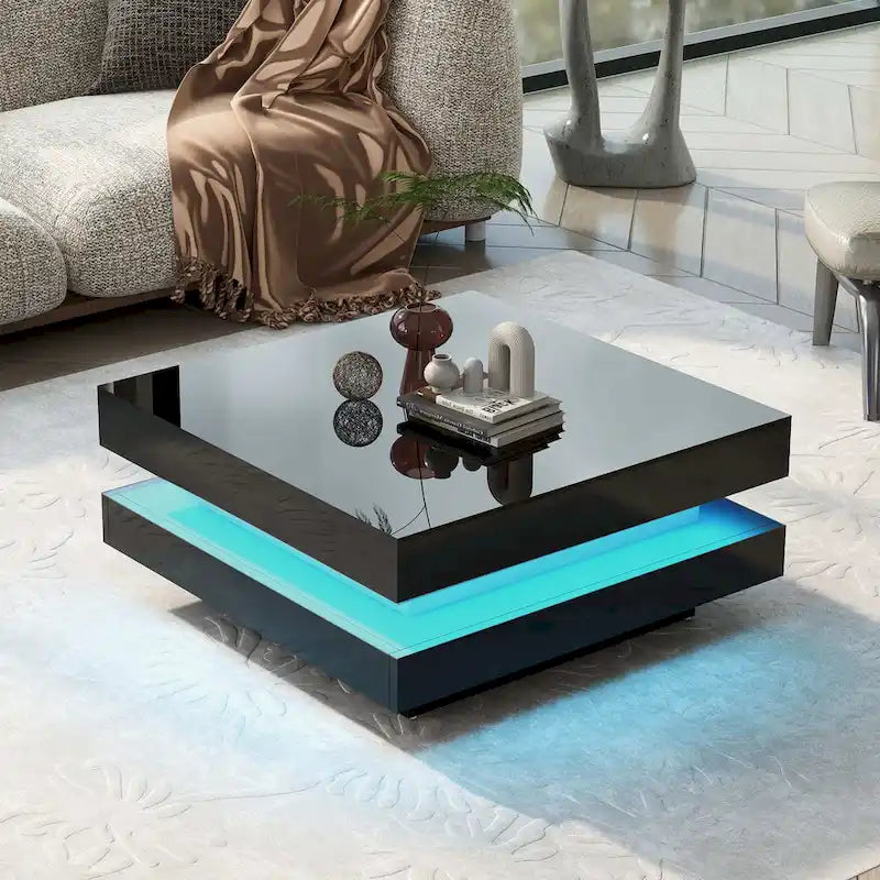 Table basse carrée à 2 niveaux blanc/noir laqué avec ruban LED 16 couleurs