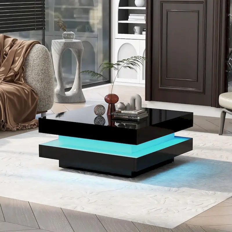 Table basse carrée à 2 niveaux blanc/noir laqué avec ruban LED 16 couleurs