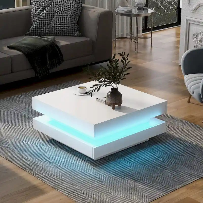 Table basse carrée à 2 niveaux blanc/noir laqué avec ruban LED 16 couleurs