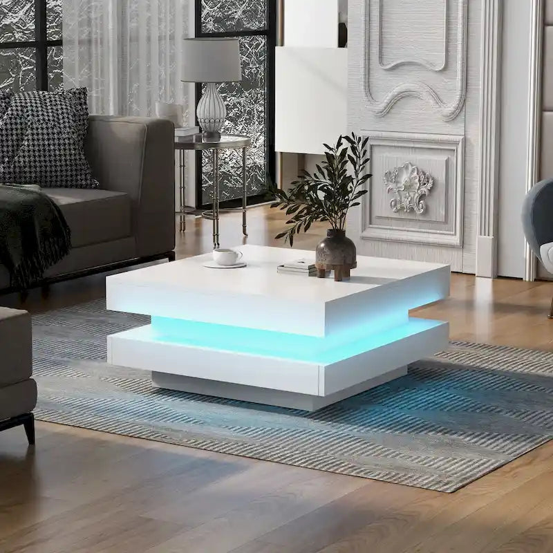 Table basse carrée à 2 niveaux blanc/noir laqué avec ruban LED 16 couleurs