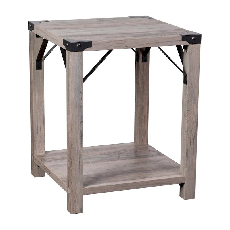 Table d'appoint de ferme à 2 niveaux Chêne Rustique / Effet Gris avec Croisillons et Coins en Métal