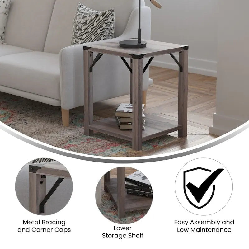 Table d'appoint de ferme à 2 niveaux Chêne Rustique / Effet Gris avec Croisillons et Coins en Métal