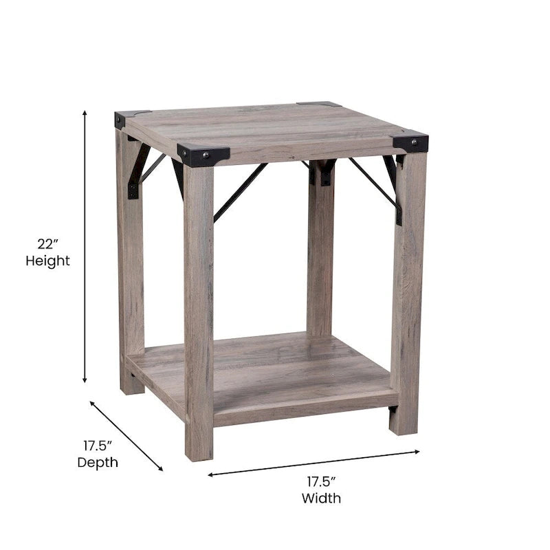 Table d'appoint de ferme à 2 niveaux Chêne Rustique / Effet Gris avec Croisillons et Coins en Métal