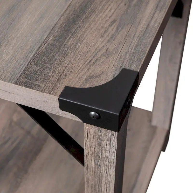 Table d'appoint de ferme à 2 niveaux Chêne Rustique / Effet Gris avec Croisillons et Coins en Métal