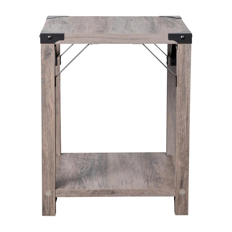 Table d'appoint de ferme à 2 niveaux Chêne Rustique / Effet Gris avec Croisillons et Coins en Métal