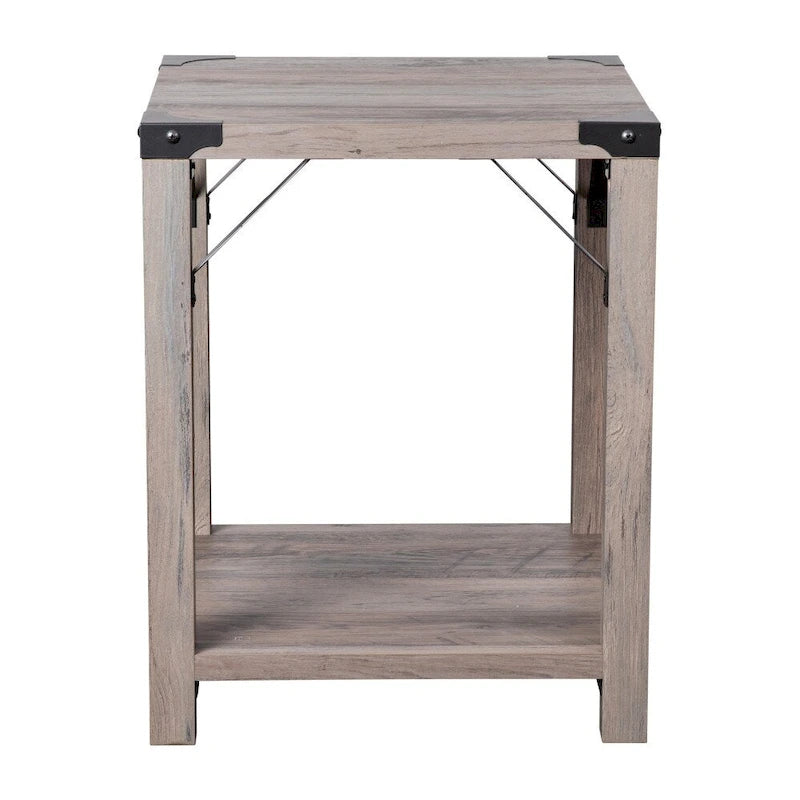 Table d'appoint de ferme à 2 niveaux Chêne Rustique / Effet Gris avec Croisillons et Coins en Métal