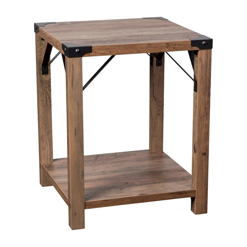 Table d'appoint de ferme à 2 niveaux Chêne Rustique / Effet Gris avec Croisillons et Coins en Métal