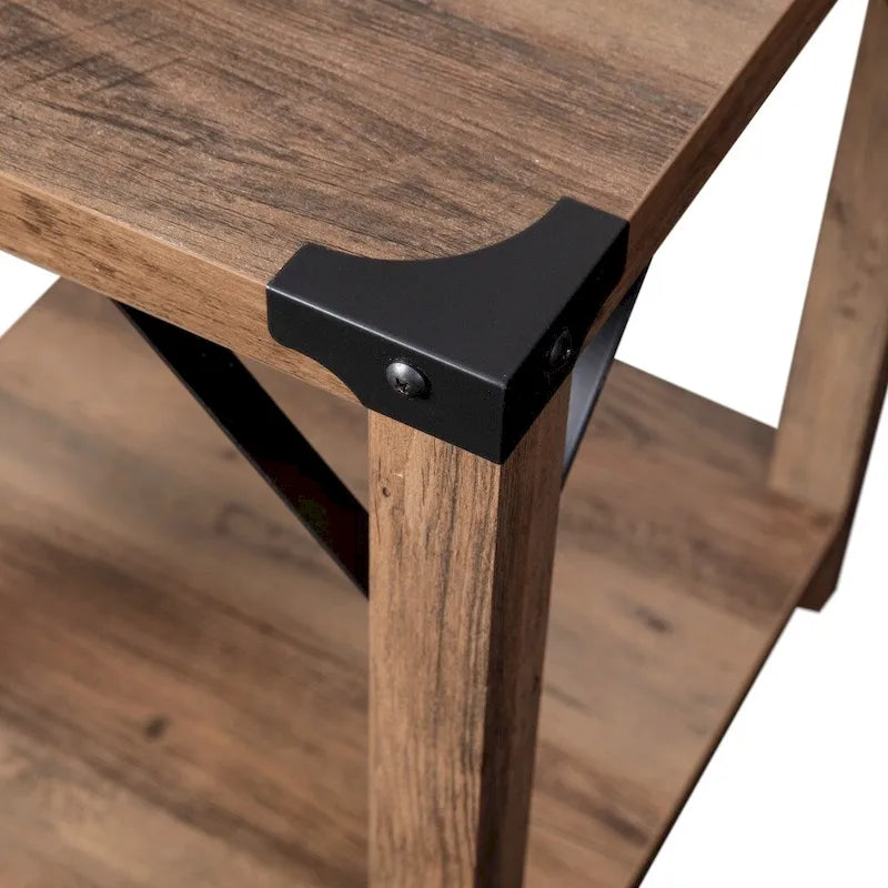 Table d'appoint de ferme à 2 niveaux Chêne Rustique / Effet Gris avec Croisillons et Coins en Métal