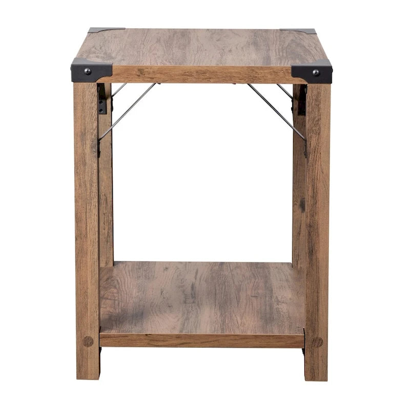 Table d'appoint de ferme à 2 niveaux Chêne Rustique / Effet Gris avec Croisillons et Coins en Métal