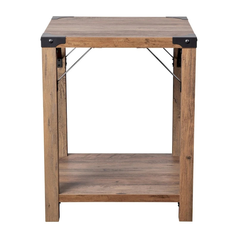 Table d'appoint de ferme à 2 niveaux Chêne Rustique / Effet Gris avec Croisillons et Coins en Métal