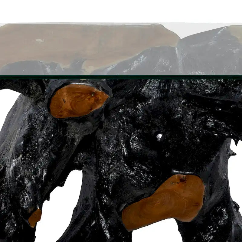 Console en teck massif à bords bruts et plateau en verre transparent