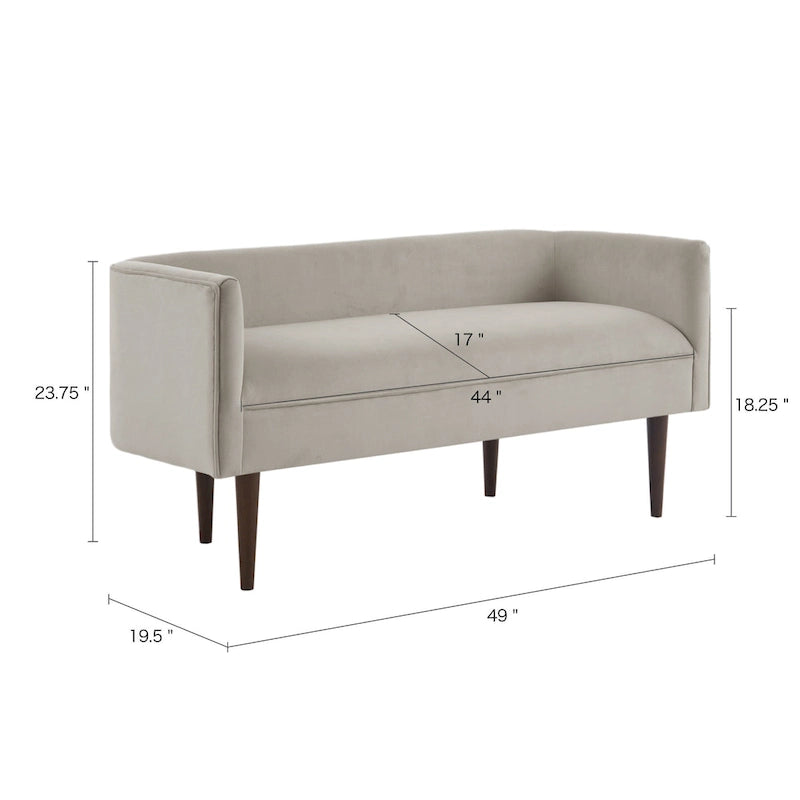 Banc d'appoint en velours crème à dossier bas avec pieds en bois massif marron foncé – 2 places