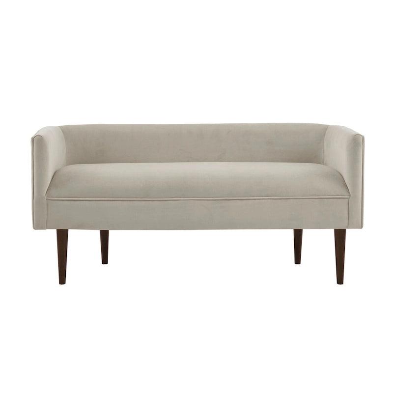 Banc d'appoint en velours crème à dossier bas avec pieds en bois massif marron foncé – 2 places