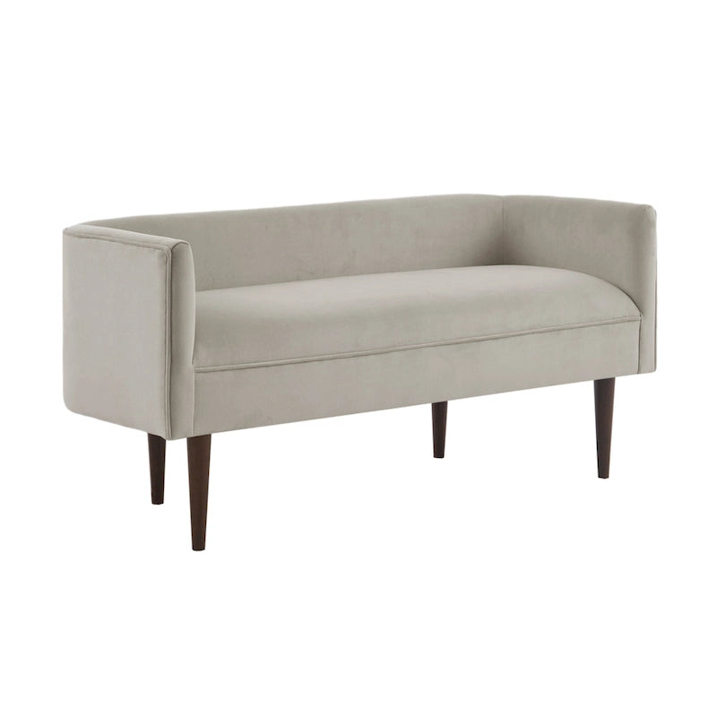 Banc d'appoint en velours crème à dossier bas avec pieds en bois massif marron foncé – 2 places