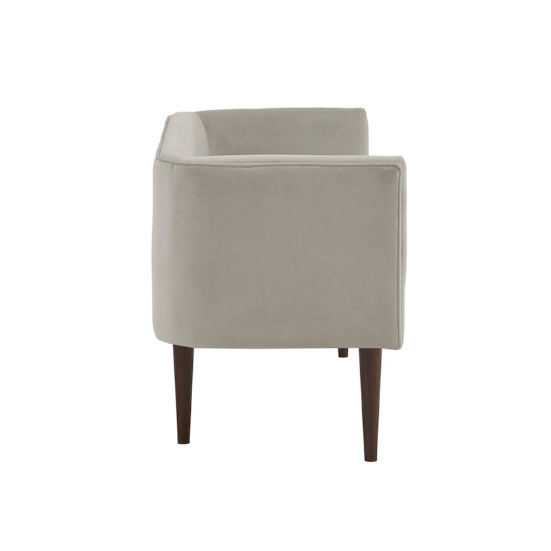 Banc d'appoint en velours crème à dossier bas avec pieds en bois massif marron foncé – 2 places