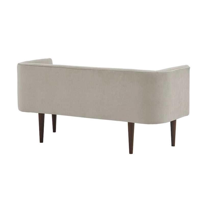 Banc d'appoint en velours crème à dossier bas avec pieds en bois massif marron foncé – 2 places