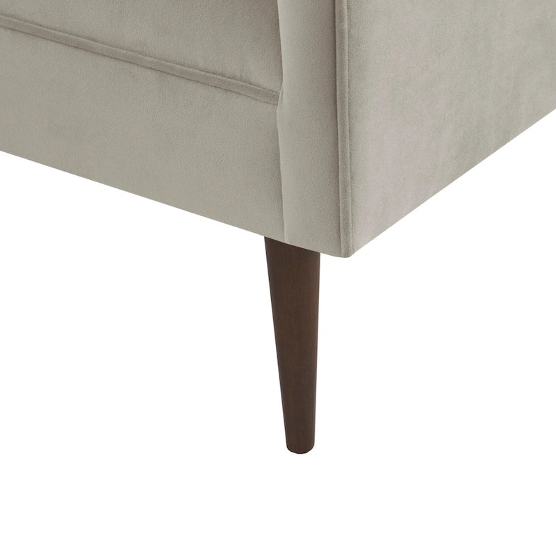 Banc d'appoint en velours crème à dossier bas avec pieds en bois massif marron foncé – 2 places