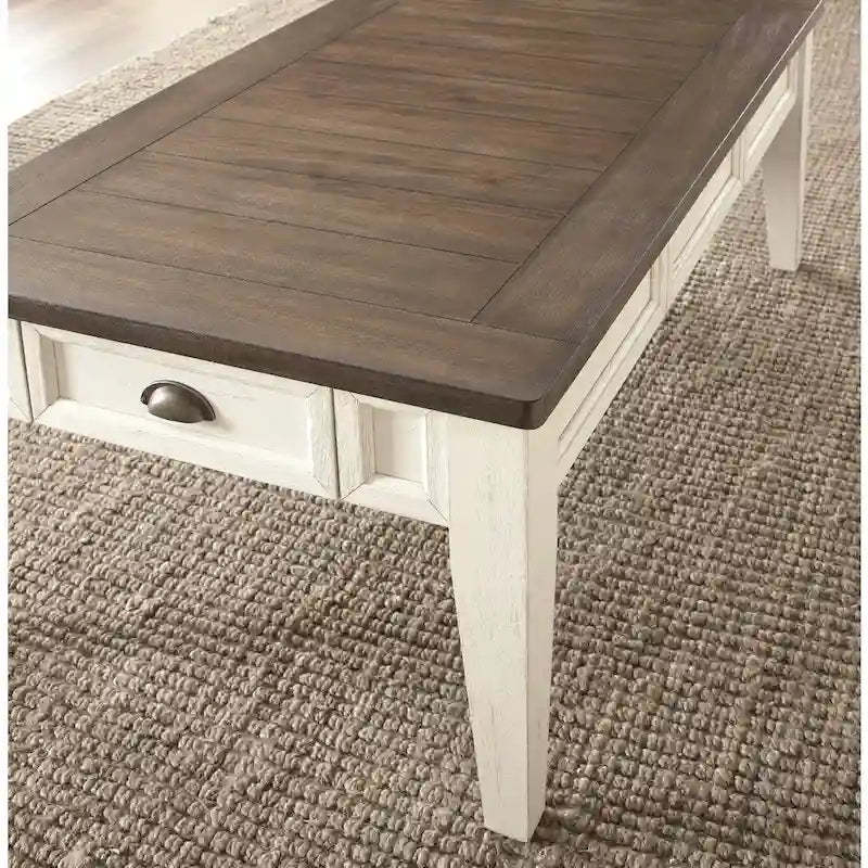 Table basse de ferme bicolore Blanc antique et chêne foncé avec 4 tiroirs de rangement et pieds effilés