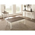 Table basse de ferme bicolore Blanc antique et chêne foncé avec 4 tiroirs de rangement et pieds effilés