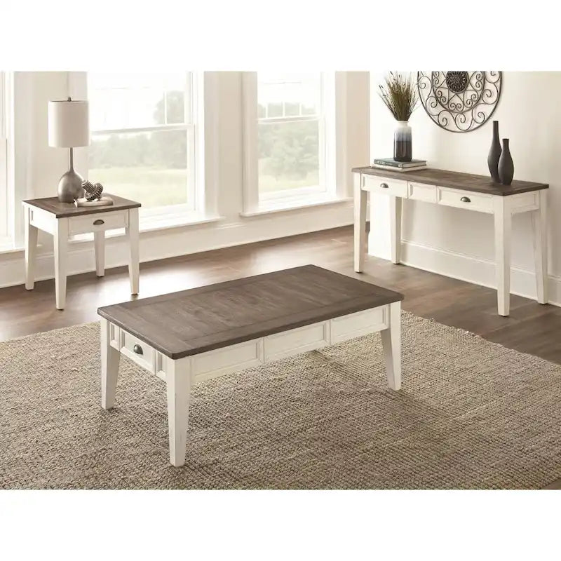 Table basse de ferme bicolore Blanc antique et chêne foncé avec 4 tiroirs de rangement et pieds effilés