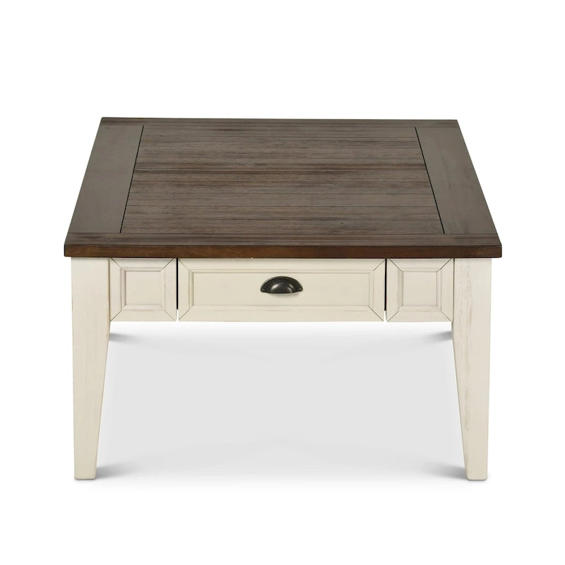 Table basse de ferme bicolore Blanc antique et chêne foncé avec 4 tiroirs de rangement et pieds effilés